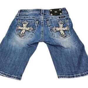 Miss Me Blue Denim Embroidered Cross Bermuda Shorts